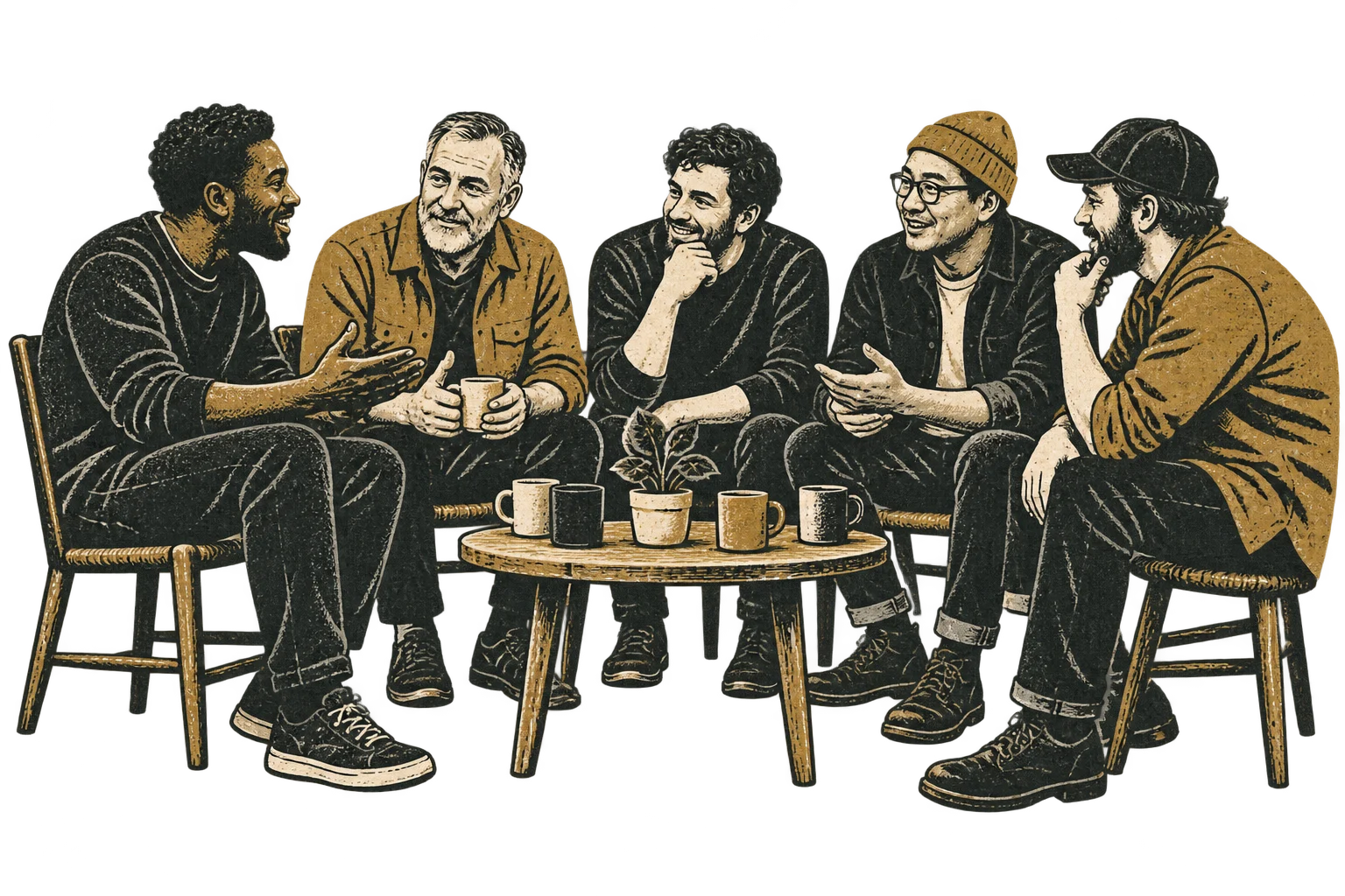 Stencil illustration of men gathered around a table in conversation
