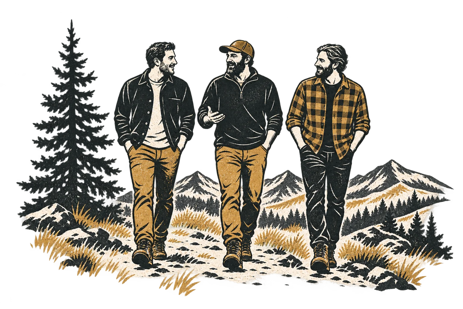 Stencil illustration of three friends walking together in the Montana foothills